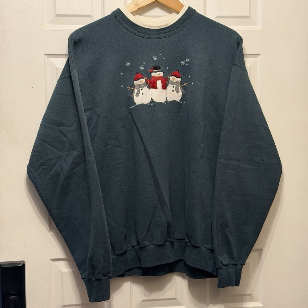 Top Stitch Morning Sun Snowman Sweatshirt Womens L Green Vintage 90s Christmas
